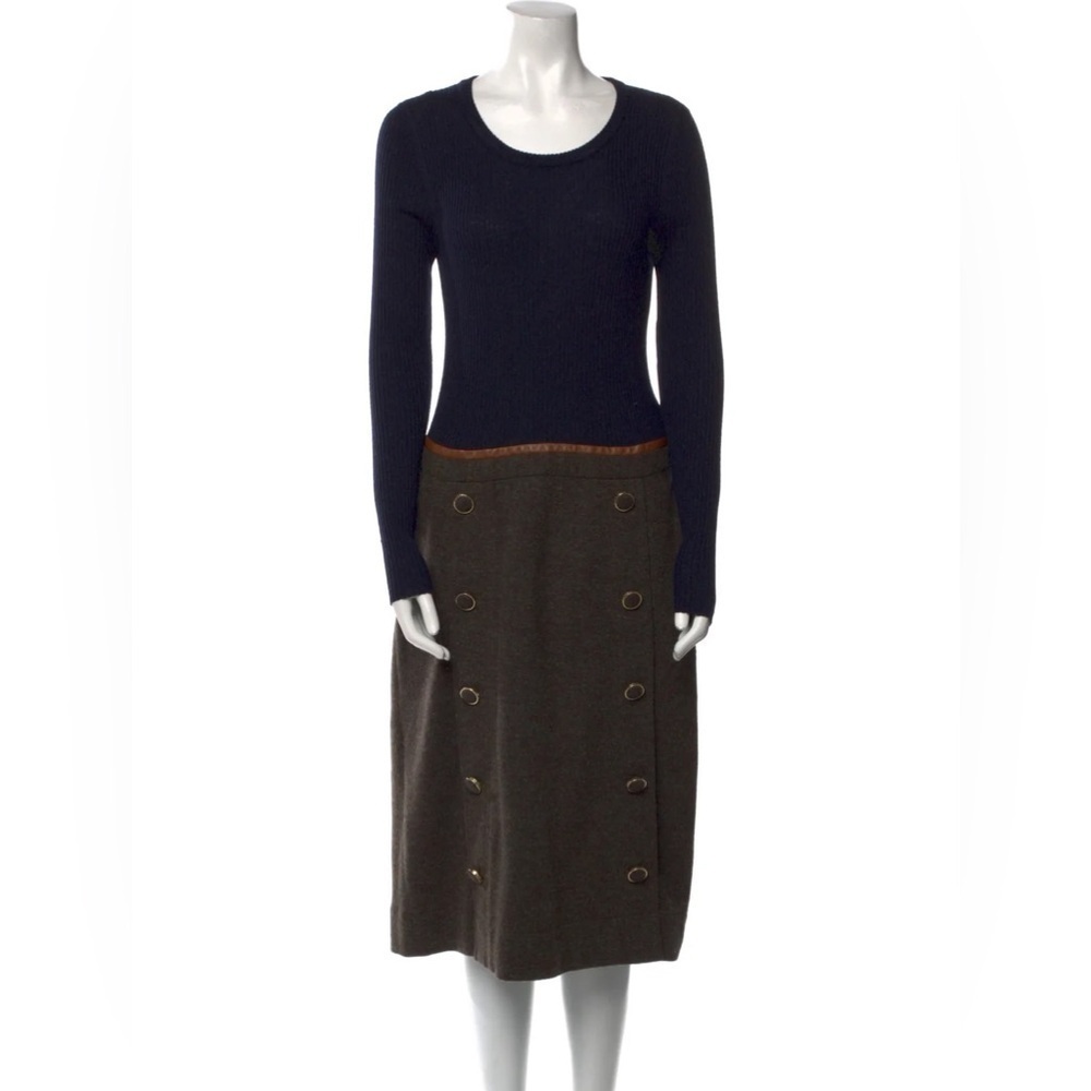 Tory Burch navy blue and khaki green combined wool midi dress - Medium - Picture 4 of 6